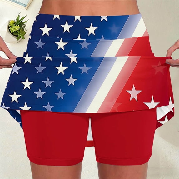Kctiaxy Skorts for Woman Summer Independent Day Print Skorts Cute Comfy Mini Golf Tennis Yoga Skirt with Shorts Patriotic Clothes