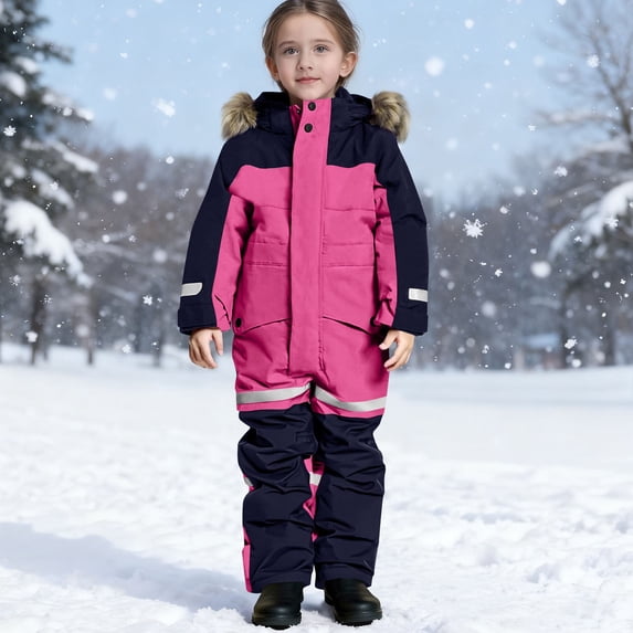 Kctiaxy Snowsuit for Girls Children Soild Color Casual Ski Suits Warm Windproof Waterproof Winter Outdoor Thickened Suits