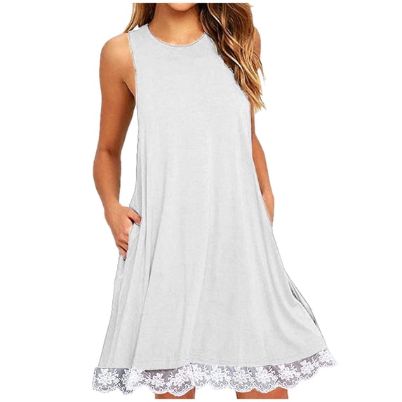 Kctiaxy Summer Casual Dresses for Women Fashion A Line Sleeveless Sun Dress Lace Trims Crew Neck Tank Beach Dress with Pockets White S