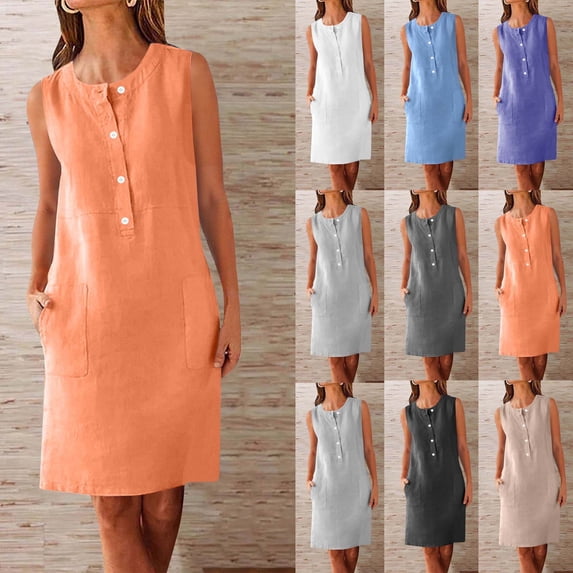 Kctiaxy Summer Dresses for Women Crew Neck Sleeveless Tank Dress Casual Front Button Mid Length Dresses with Pockets