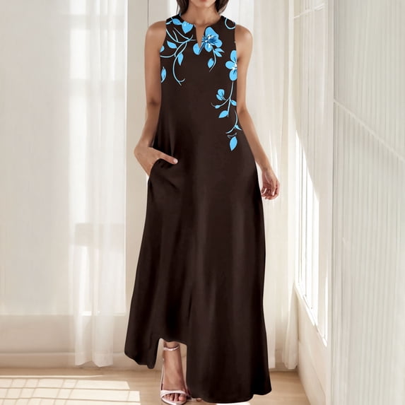 Kctiaxy Summer Dresses for Women Floral Printed V-Neck Sleeveless Maxi Dresses Ladies Loose A-Line Elegant Flowy Boho Dresses
