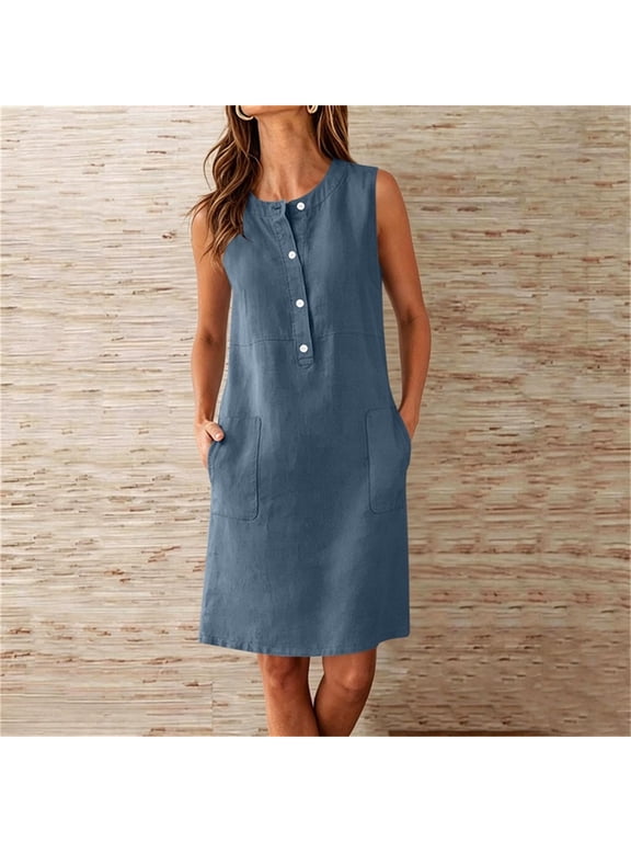 Summer Dresses for Women Sleeveless Solid Color Button Dresses Casual Crew Neck Comfy Sundresses with Pockets