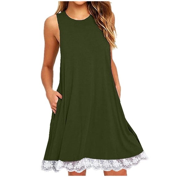 Kctiaxy Summer Dresses for Women Solid Color Sleeveless Mini Dress with Lace Trims Swing Tank Sundress Casual Pleated T-shirt Dress S-2XL