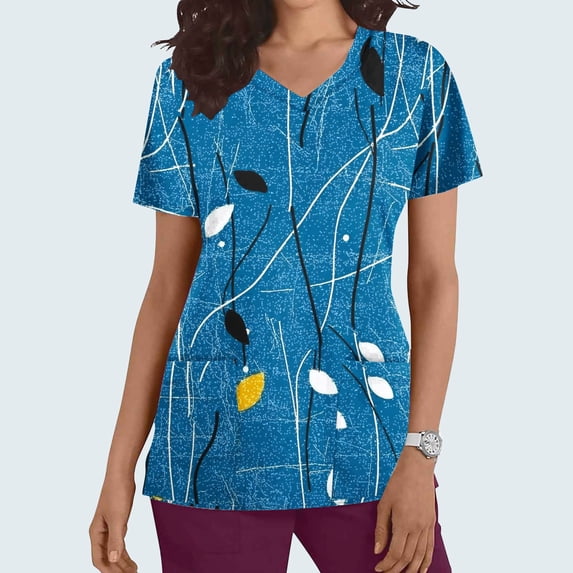 Kctiaxy Summer Tops for Women Short Sleeve Womens Scrubs Fashion Casual Print Graphic Nursing Womens V Neck T Shirts with Pockets