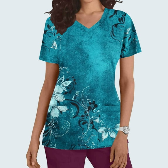 Kctiaxy Summer Tops for Women Short Sleeve Womens Scrubs Fashion Casual Print Graphic Nursing Womens V Neck T Shirts with Pockets