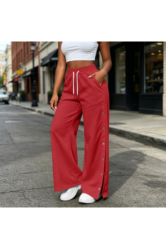 Sweatpants Women Drawstring Side Button Split Open Bottom Sweat Pants Casual Solid Color Loose Wide Leg Pants with Pockets