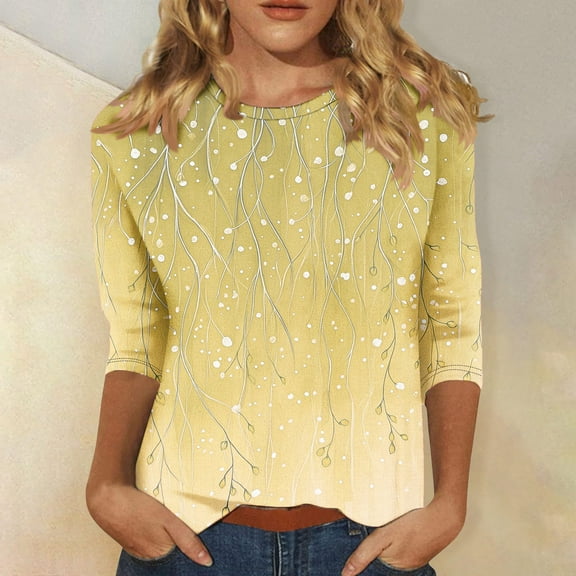 Kctiaxy T Shirts for Women Fashion Crew Neck 3/4 Sleeve T Shirts for Women Casual Loose Fitting Printed Pullover Tops