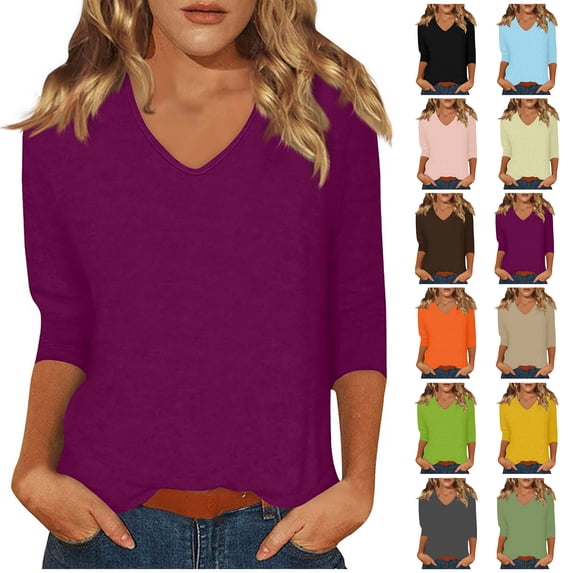 Kctiaxy T Shirts for Women Soild Color V Neck 3/4 Sleeve Tops Casual Soft Comfy Loose Fits Pullover Summer Tops