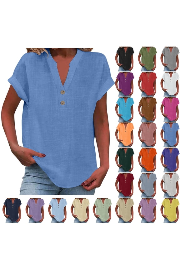 T Shirts for Women Summer V Neck Button Short Sleeve Tops Casual Cotton Linen Loose Fitting Soild Color Shirts Trendy Clothes, Blue XL