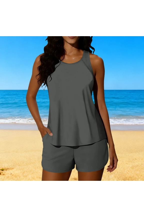 Tankini Swimsuits for Women Backless Padded Tank Top with Swimming Trunks Loose Fitting Solid Color 2 Piece Swimsuit with Pockets