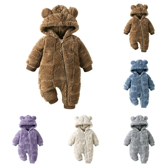 Kctiaxy Toddler Baby Boy Romper Long Sleeve Round Neck Hodded Jumpsuit Zipper Cute Printed Plush Onesie Outfits 0-18 Monthss