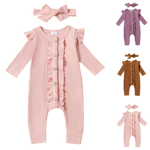 Kctiaxy Toddler Baby Girl Clothes Romper Long Sleeve Cre W Neck Jumpsuits Solid Color Flying Sleeve Comfortable Onesie Outfits Fall Winter 0-12 Monthss