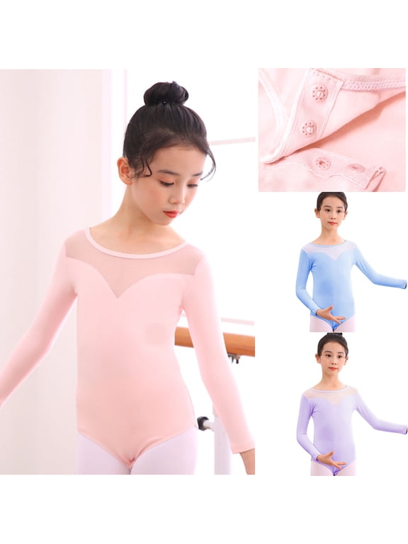 Toddler Dance Leotard for Girls Long Sleeve Cre W Neck Ballet Leotards Dance Outfits Solid Color Summer Training One-piece Performance Clothes 3-15 Yearss