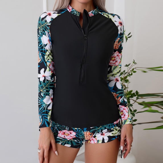 Kctiaxy Two Piece Swimsuit for Women Modest Rash Guard Bathing Suits Fashion Long Sleeve Printed Crew Neck Front Zipper Top with Shorts