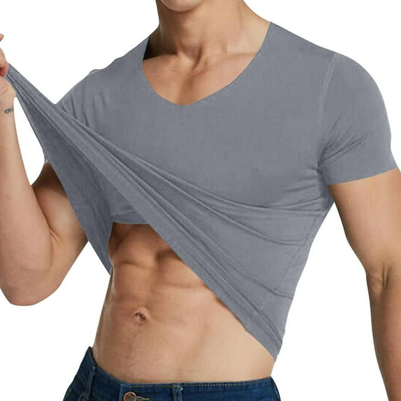 Kctiaxy V Neck T Shirts Men Casual Solid Color Pullover T-Shirt Fashion Short Sleeve Shirts for Men Fitness and Outdoor Seamless Stretch Tight Tops