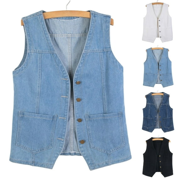 Kctiaxy Vest Tops for Women Sleeveless V-Neck Causal Jean Vest Solid Color Button Down Versatile Fashion Tank Top Vest with Pockets