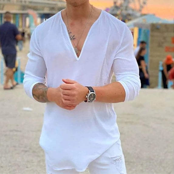 Kctiaxy White Mens Summer Shirts Long Sleeve Cotton Linen Shirts V Neck Solid Color Casual Tops Loose Fitting Breathable Pullover T-Shirts Blouse XL
