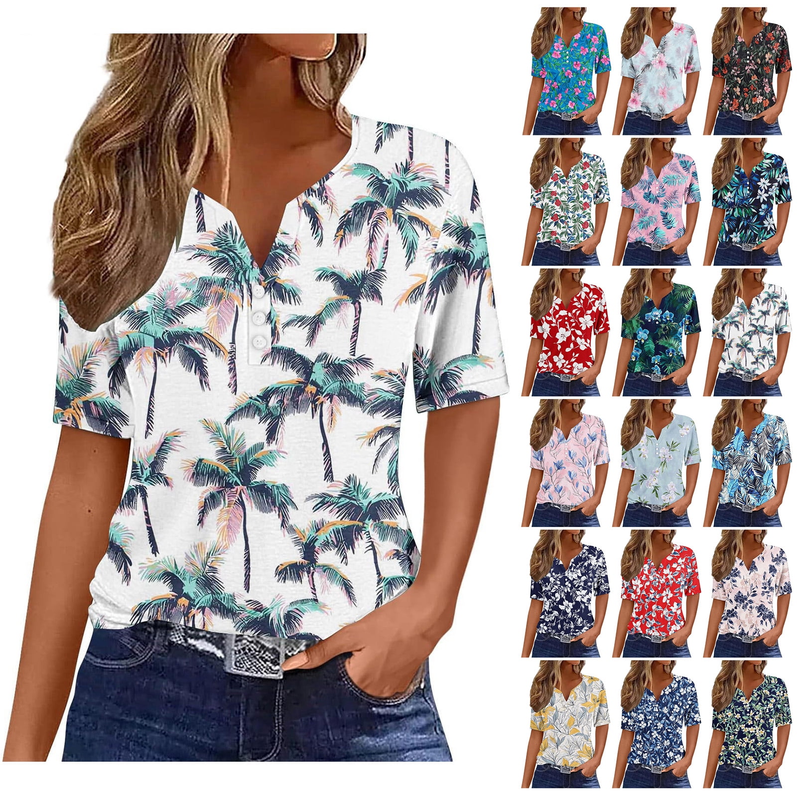 Kctiaxy White Short Sleeve Shirts for Women Hawaiian Printed V-Neck ...