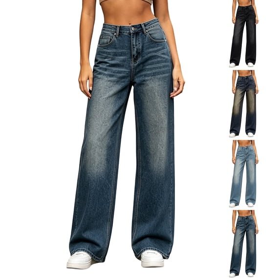 Kctiaxy Wide Leg Jeans for Women Fashion Casual Loose Jean Pants Solid Elastic High Waist Button Denim Pants
