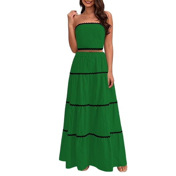 Kctiaxy Women's 2 Piece Maxi Dress Set, Solid Strapless Crop Top and Elastic Hight Waist Long Skirts, Casual Beach Vacation Dress