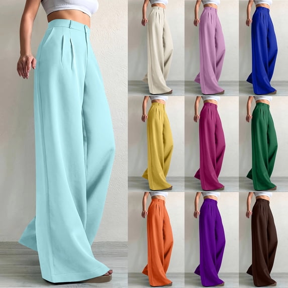 Kctiaxy Women's Pants Causal High Waisted Wide Leg Pants Solid Color Versatile Straight Tube Commuting Business Suit Pants with Pockets