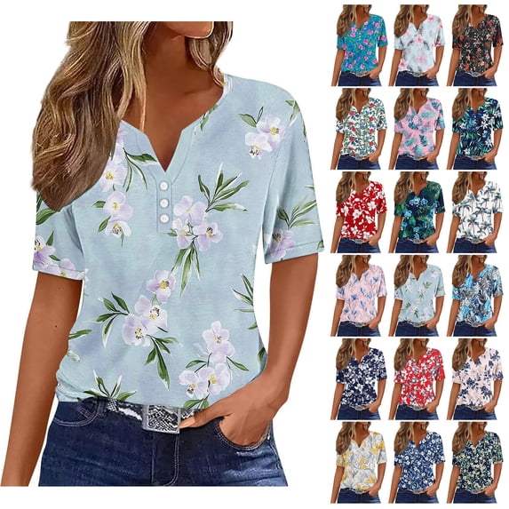 Kctiaxy Women's V Neck Short Sleeve Hawaiian T Shirts Summer Casual Breathable Button Floral Tops Blouses Beach Vacation