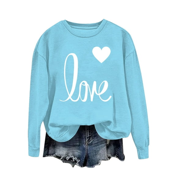 Kctiaxy Women's Valentines Sweatshirt Solid Color Long Sleeve Sweatshirts Fashionable Casual Love Print Loose Fitting Hoodless Shirts