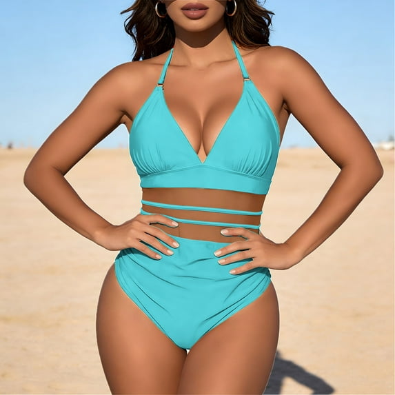 Kctiaxy Womens Bathing Suits Solid Color Halterneck Lace Bathing Suits Padded Backless Cut Out Off-Shoulder One Piece Bikini Swimsuit