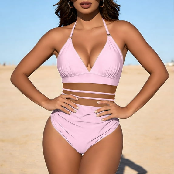 Kctiaxy Womens Bathing Suits Solid Color Halterneck Lace Bathing Suits Padded Backless Cut Out Off-Shoulder One Piece Bikini Swimsuit