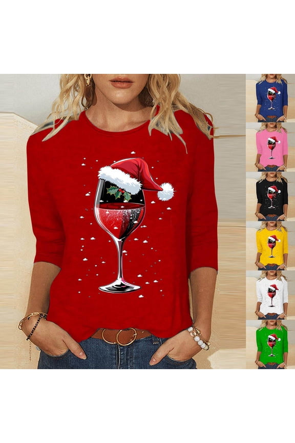 Womens Blouses Christmas Fashion 3/4 Length Sleeve T-Shirts Tops Cre W Neck Red Wine Glass Print Causal Loose Tee Blouses