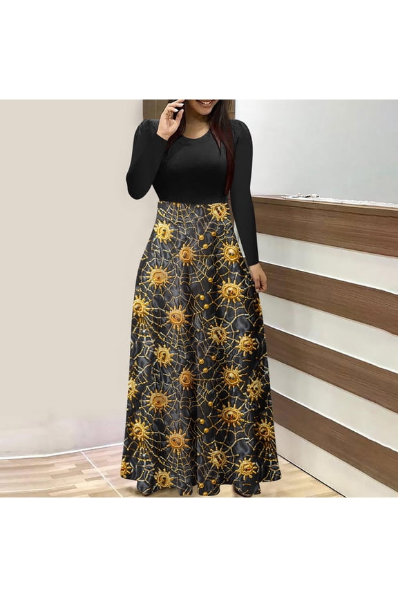 Womens Dresses Halloween Costumes Fall Slim Fits Patchwork Long Sleeve Dress Casual Print Flared Hem Flowy Maxi Ball Gown