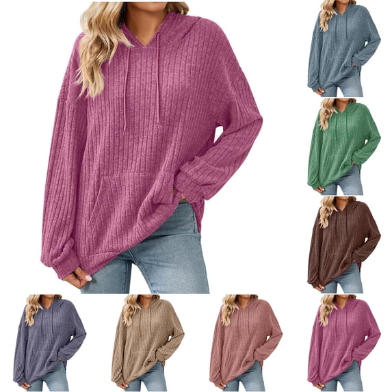Kctiaxy Womens Hoodies Pullover Causal Long Sleeve Drawstring Hooded Sweatshirt Solid Color Round Neck Tops Jackets with Pockets Womens Fall Fashion