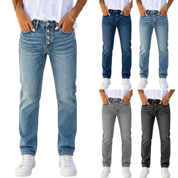 Kctiaxy Womens Jeans Slim Fits Casual Button Waist Barrel Pants Solid Color Fashion Denim Pants