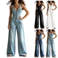 thumbnail image 1 of Kctiaxy Womens Jumpsuit Sleeveless V Neck Button Wide Leg Denim Rompers Solid Color Fashion Casual Jean Pants, 1 of 5