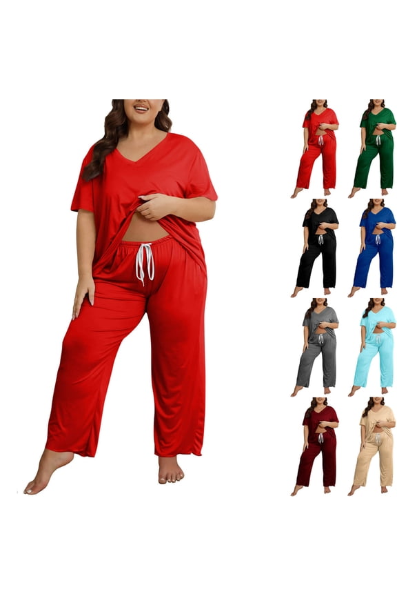 Womens Pajama Sets Plus Size Solid Color Short Sleeves Loungewear 2 Piece Sets Casual V Neck Shirt and Full-Length Bottom Homewear