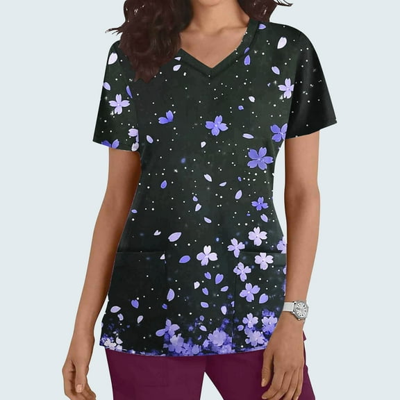 Kctiaxy Womens Scrubs Fashion Casual V Neck T Shirts for Women Print Graphic Nursing Womens Short Sleeve Tops with Pockets