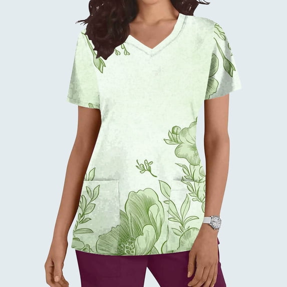 Kctiaxy Womens Scrubs Fashion Casual V Neck T Shirts for Women Print Graphic Nursing Womens Short Sleeve Tops with Pockets