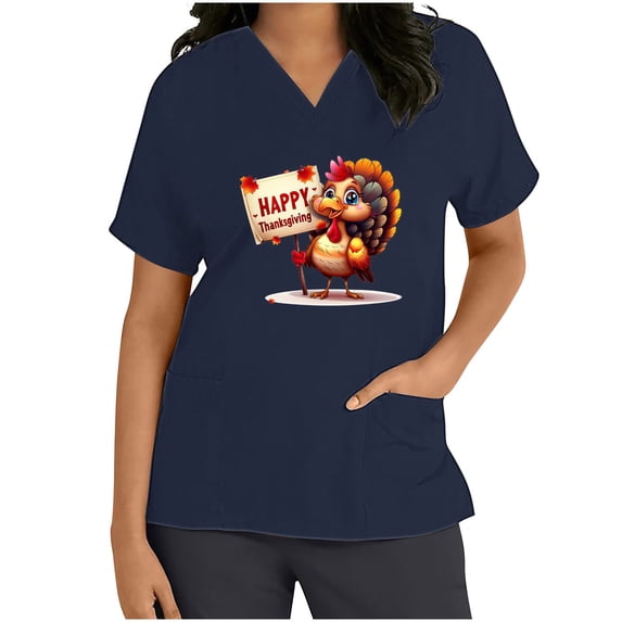 Kctiaxy Womens Scrubs Fashionable Print Graphic Thanksgiving Scrub Tops Women Casual Short Sleeve V-Neck Shirts with Double Pockets