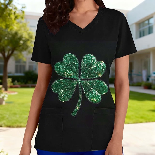 Kctiaxy Womens Scrubs Fashionable Print Graphic Women's St Patrick's Day Shirts Casual Short Sleeve Blouses for Women with Pockets
