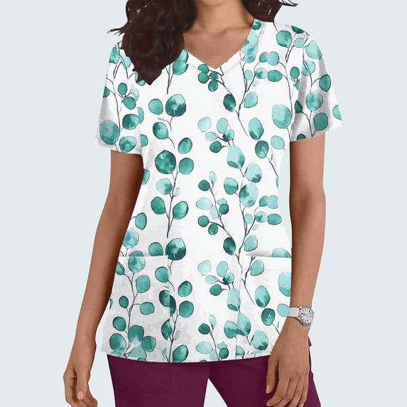 Kctiaxy Womens Short Sleeve Tops Summer Print Graphic Scrubs for Women Fashionable Casual V-Neck Work T Shirt for Women with Pockets