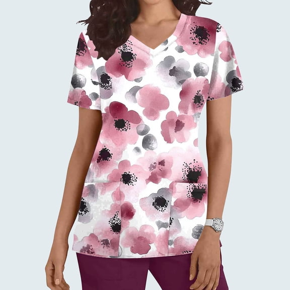 Kctiaxy Womens Short Sleeve Tops Summer Print Graphic Scrubs for Women Fashionable Casual V-Neck Work T Shirt for Women with Pockets