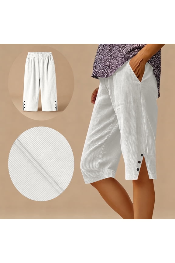 Womens Shorts Summer Solid Color Linen Bermuda Shorts Casual Loose Side Slit Buttons Straight Leg Long Shorts with Pockets