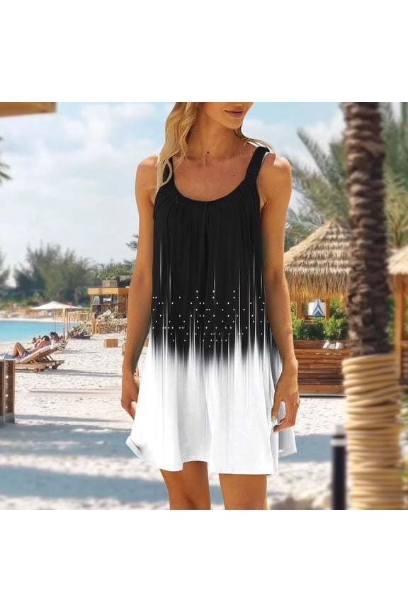 Womens Summer Dresses Printed Round Neck Sleeveless Sundresses Casual Loose Elasticity Mini Dress Beach Flowy Tank Top Dress