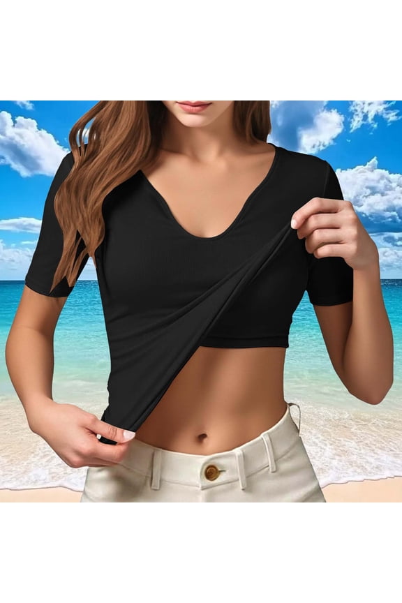 Womens Summer Tops Fashion V-Neck Short-Sleeved Fitted T-Shirts Summer Casual Sports Solid Color Tank Top with Padded Bust