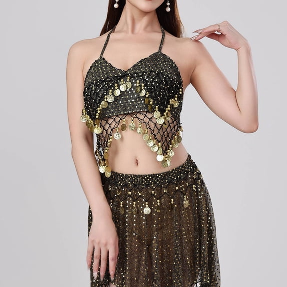 Kctiaxy Womens Summer Tops with Built in Bra Spaghetti Strap Fringe Sparkly Tank Top Sleeveless V-Neck Belly Crop Blouse Dance Performance