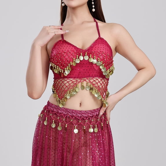 Kctiaxy Womens Summer Tops with Built in Bra Spaghetti Strap Fringe Sparkly Tank Top Sleeveless V-Neck Belly Crop Blouse Dance Performance