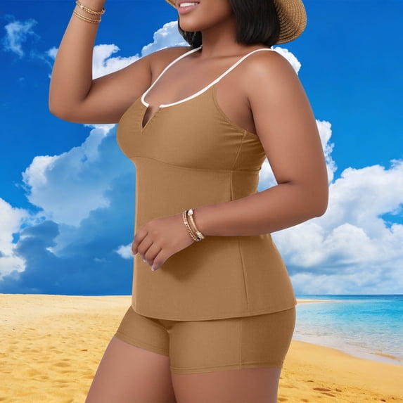 Kctiaxy Womens Swimsuits 2 Piece Plus Size Spaghetti Straps Tankini Bathing Suits Casual V Neck Slim Fitting Padded Tank Top with Shorts