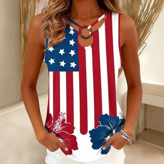 Kctiaxy Womens Tank Tops Front Eyelet Ring Crew Neck Tank Vintage Printed Loose T Shirt Blouse Trendy Sleeveless Summer Tops