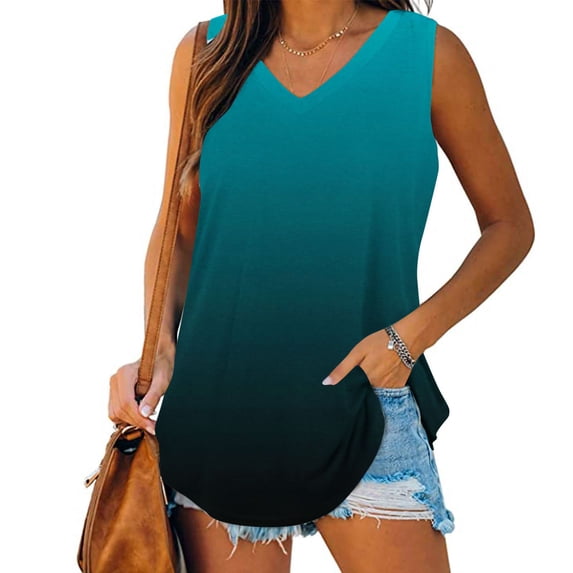 Kctiaxy Womens Tank Tops Loose Fits Casual V Neck Sleeveless Tops Gradient Color Fashion Summer Tops for Beach Vacation