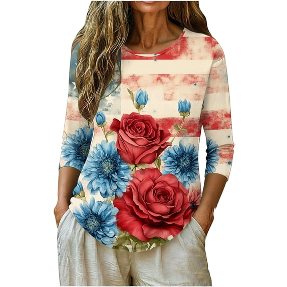 Kctiaxy Womens Tops Casual Red White Blue Floral Star Print Crew Neck 3/4 Sleeves T Shirts Blouses - 4th of July Outfits